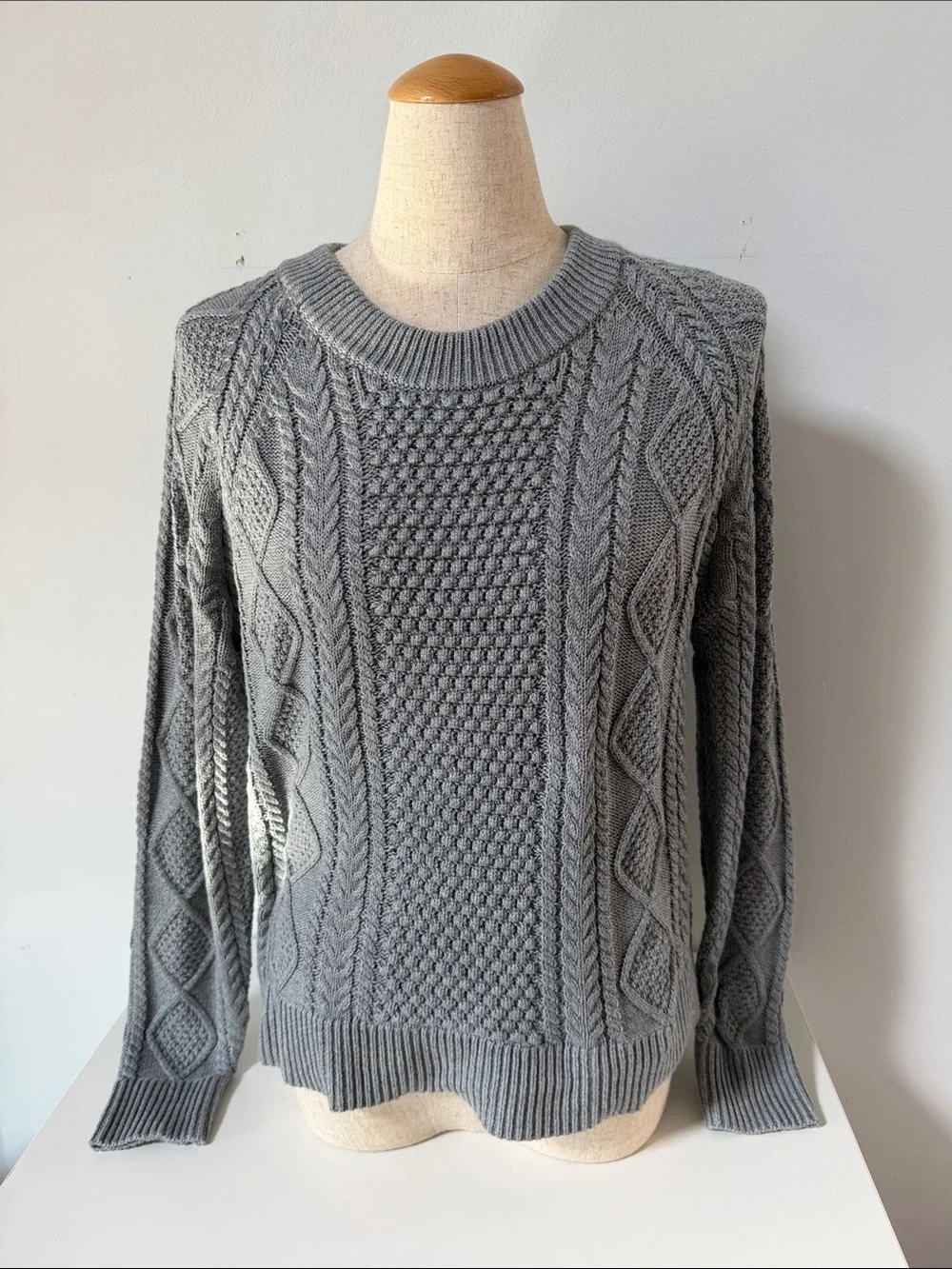 Gray Cable Knit Crewneck Sweater